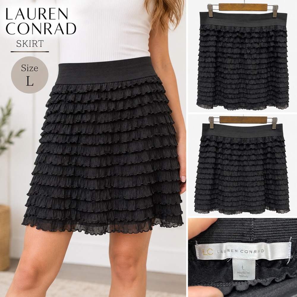 LC Lauren Conrad Black Tiered Ruffle Mini Skirt Elastic Waist Size L Womens